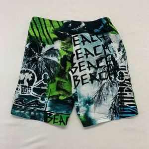 Roots Swim Trunks Boy Small (8) Blue Green Beach Scene Mesh Lined Swim Shorts